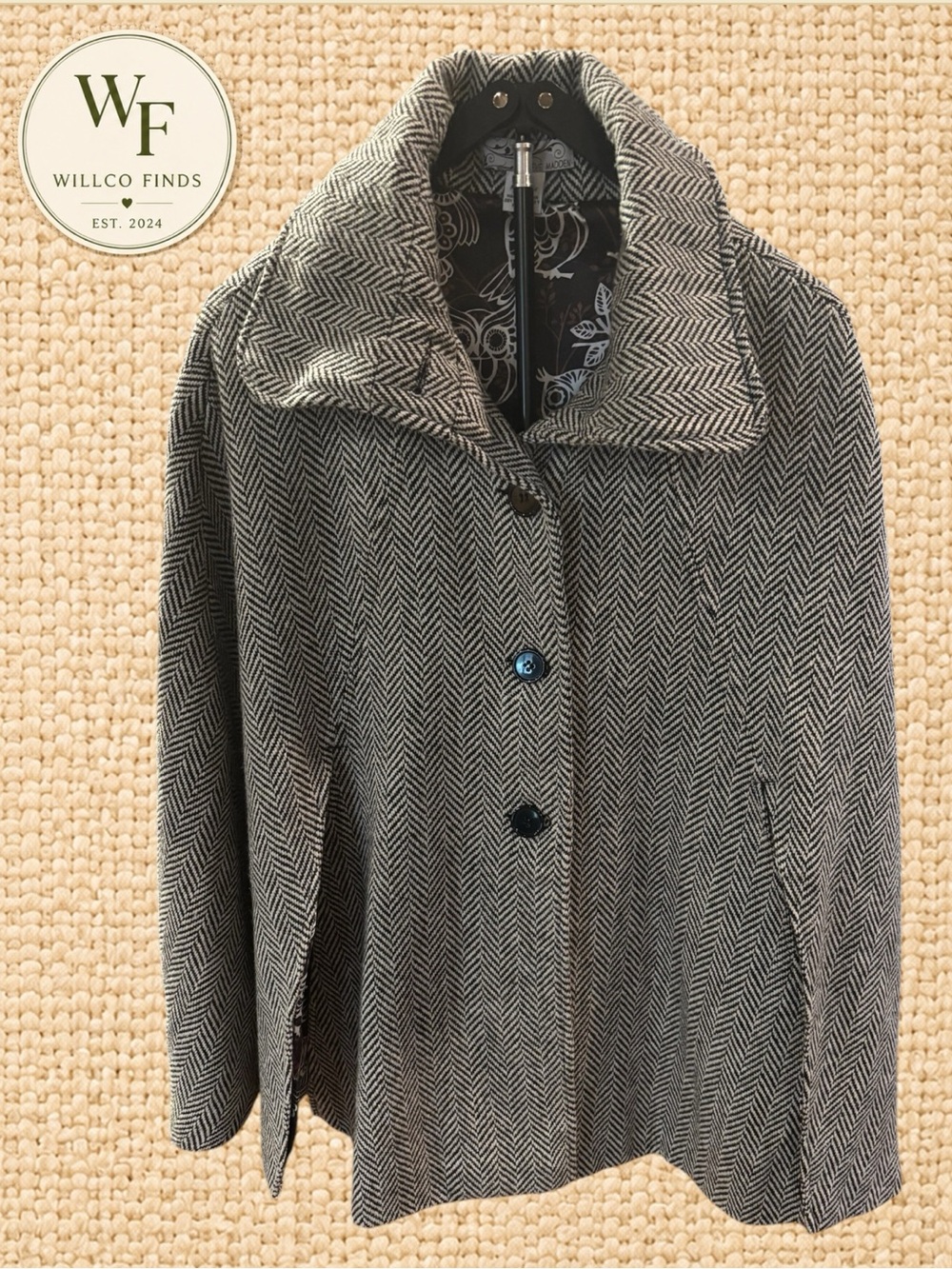 Steve Madden Herringbone Wool Blend Cape Coat M/L Black White Owl Lining